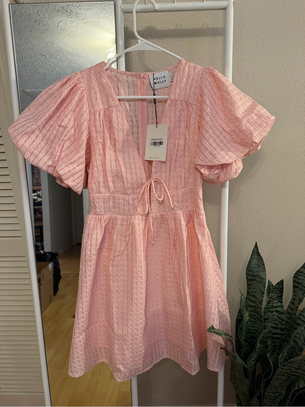 Hello Molly Soft Pink Puff-Sleeve mini Dress with Tie Waist